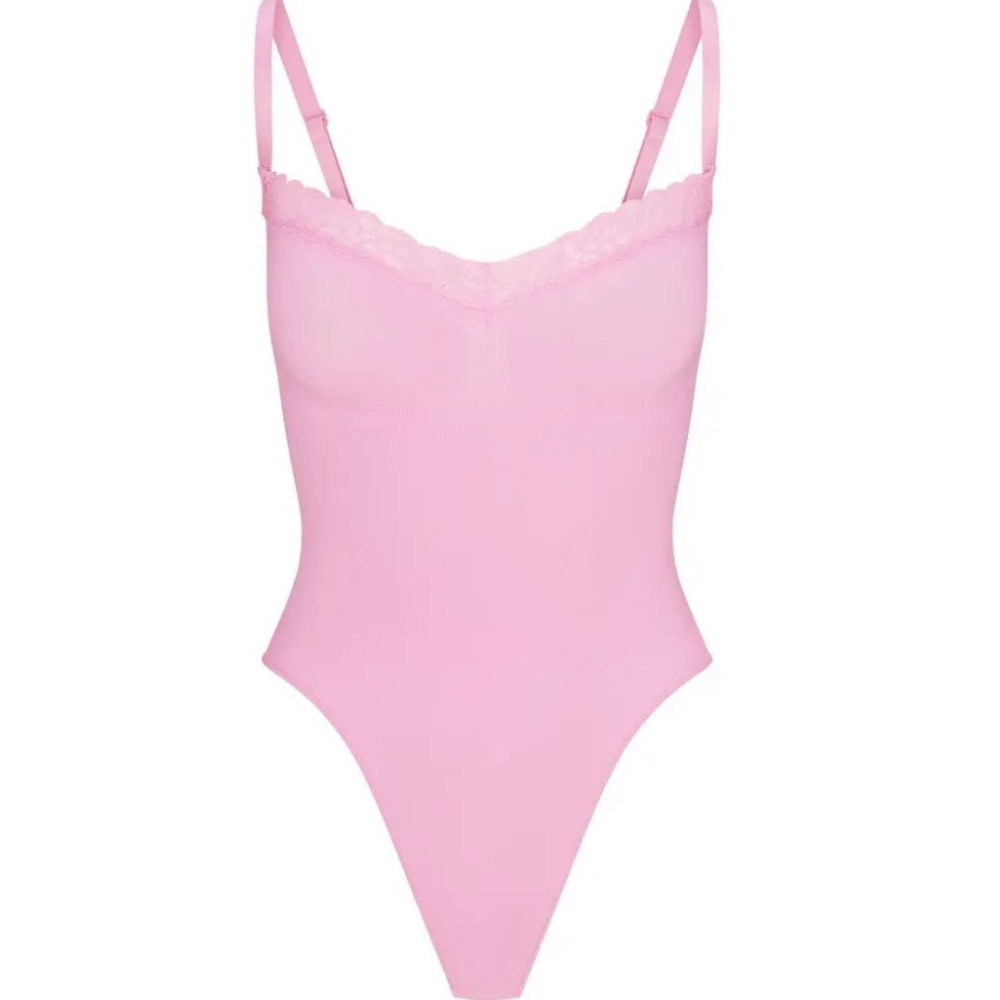 SKIMS Seamless Sculpt Lace Thong Bodysuit Large Bubblegum Pink